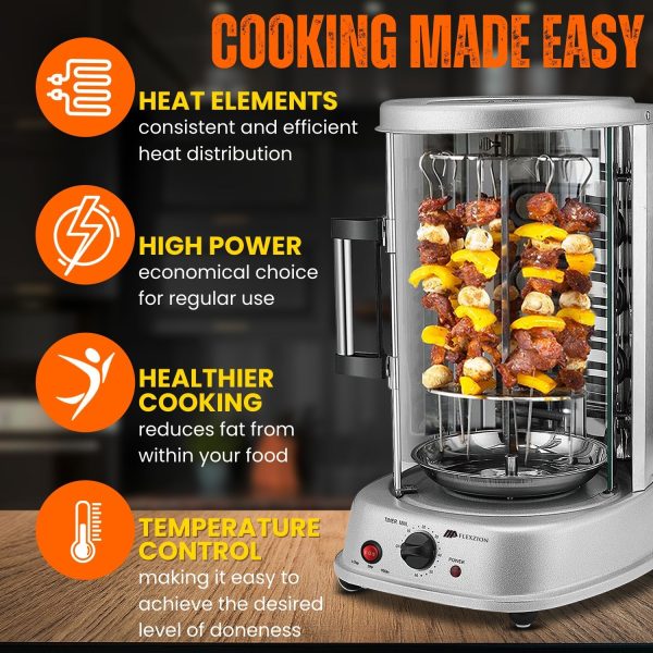 Flexzion Vertical Rotisserie Oven Grill - Countertop Shawarma Machine Kebab Electric Cooker Rotating Oven, Stainless Steel Roaster w/ Bake Ware Kebob Skewers Stain Resistant Rotisserie Machine - Image 2