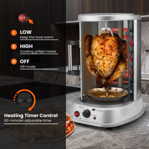 Flexzion Vertical Rotisserie Oven Grill - Countertop Shawarma Machine Kebab Electric Cooker Rotating Oven, Stainless Steel Roaster w/ Bake Ware Kebob Skewers Stain Resistant Rotisserie Machine - Image 5