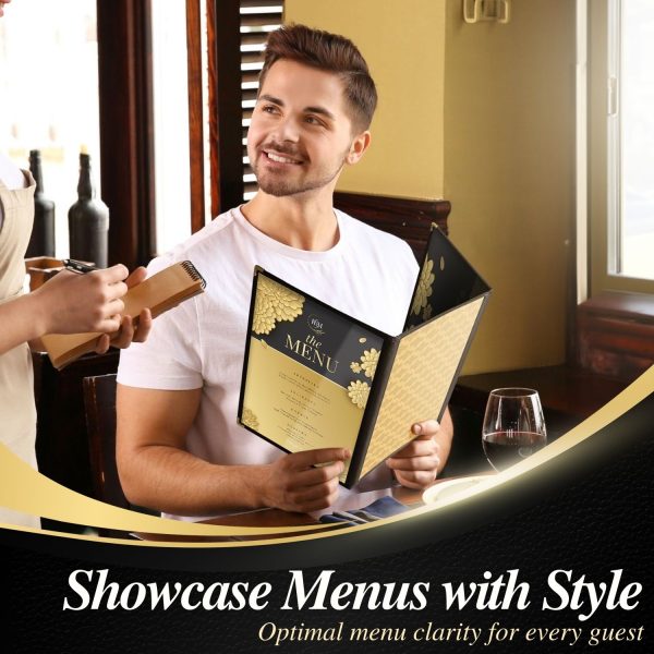 Flexzion Menu Holder 8.5" x 11" - Triple Stitched Menu Covers with Clear PVC, Black Binding & Gold Corners, Trifold 3 Pages 6 Views Menu Book for Restaurant, Cafe, Bar, & Catering Hall (1 Pack) - Image 3