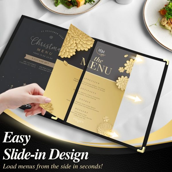 Flexzion Menu Holder 8.5" x 11" - Triple Stitched Menu Covers with Clear PVC, Black Binding & Gold Corners, Trifold 3 Pages 6 Views Menu Book for Restaurant, Cafe, Bar, & Catering Hall (1 Pack) - Image 5