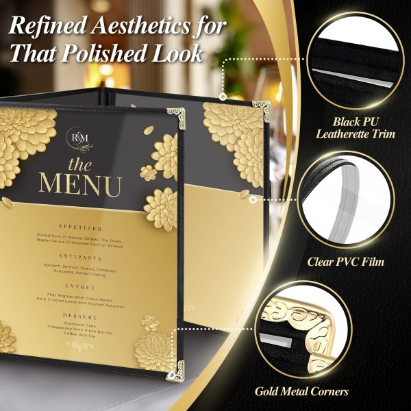 Flexzion Menu Holder 8.5" x 11" - Triple Stitched Menu Covers with Clear PVC, Black Binding & Gold Corners, Trifold 3 Pages 6 Views Menu Book for Restaurant, Cafe, Bar, & Catering Hall (1 Pack) - Image 6