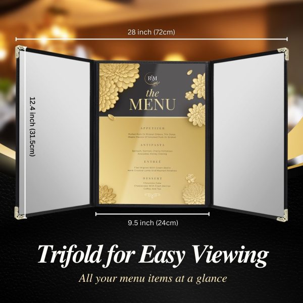 Flexzion Menu Holder 8.5" x 11" - Triple Stitched Menu Covers with Clear PVC, Black Binding & Gold Corners, Trifold 3 Pages 6 Views Menu Book for Restaurant, Cafe, Bar, & Catering Hall (1 Pack) - Image 7