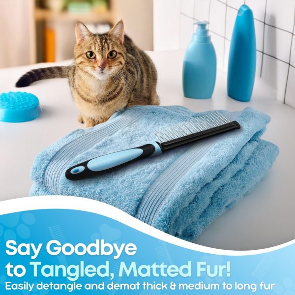 Flexzion Metal Pet Comb for Cats & Dogs - Sturdy Stainless Steel Rounded Teeth with Non-Slip Soft Grip Handle Easy to Use Grooming Detangling Cat Combs for Indoor Cats, Blue - Image 2