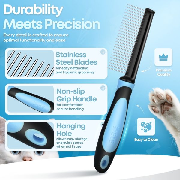 Flexzion Metal Pet Comb for Cats & Dogs - Sturdy Stainless Steel Rounded Teeth with Non-Slip Soft Grip Handle Easy to Use Grooming Detangling Cat Combs for Indoor Cats, Blue - Image 4