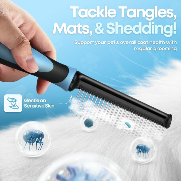 Flexzion Metal Pet Comb for Cats & Dogs - Sturdy Stainless Steel Rounded Teeth with Non-Slip Soft Grip Handle Easy to Use Grooming Detangling Cat Combs for Indoor Cats, Blue - Image 5