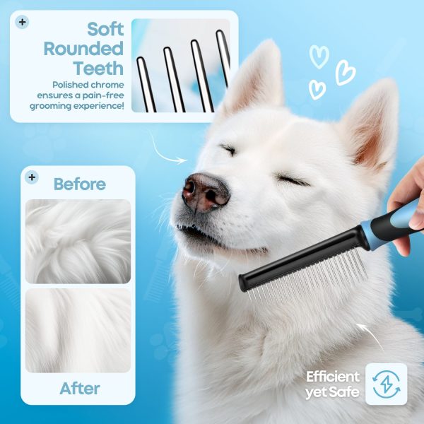 Flexzion Metal Pet Comb for Cats & Dogs - Sturdy Stainless Steel Rounded Teeth with Non-Slip Soft Grip Handle Easy to Use Grooming Detangling Cat Combs for Indoor Cats, Blue - Image 6