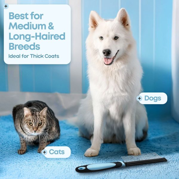 Flexzion Metal Pet Comb for Cats & Dogs - Sturdy Stainless Steel Rounded Teeth with Non-Slip Soft Grip Handle Easy to Use Grooming Detangling Cat Combs for Indoor Cats, Blue - Image 7