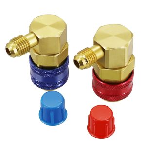 Flexzion R134A Adapter Quick Coupler Set - 90 Degree Angled Copper High/Low Side 134a Adapter Fittings, Leak-Resistant 1/4" SAE Flares, Hose Connectors for Car AC Evacuation & Recharging