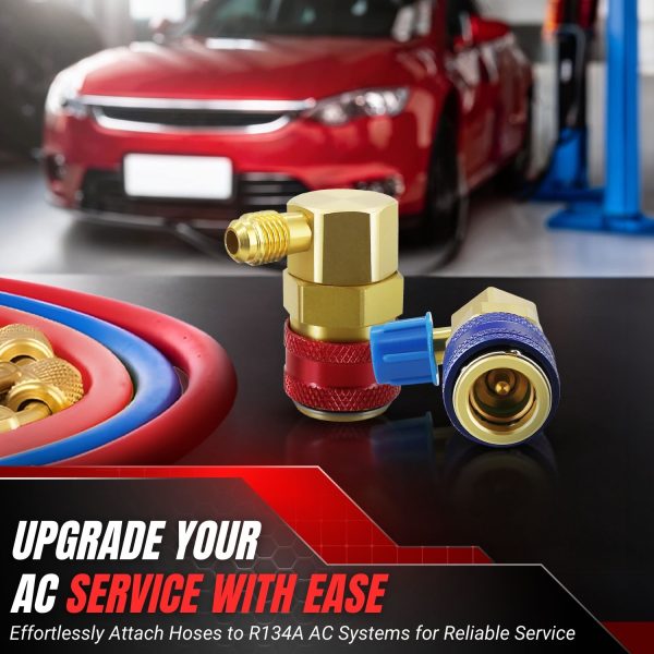 Flexzion R134A Adapter Quick Coupler Set - 90 Degree Angled Copper High/Low Side 134a Adapter Fittings, Leak-Resistant 1/4" SAE Flares, Hose Connectors for Car AC Evacuation & Recharging - Image 2