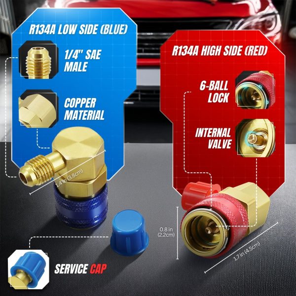 Flexzion R134A Adapter Quick Coupler Set - 90 Degree Angled Copper High/Low Side 134a Adapter Fittings, Leak-Resistant 1/4" SAE Flares, Hose Connectors for Car AC Evacuation & Recharging - Image 3