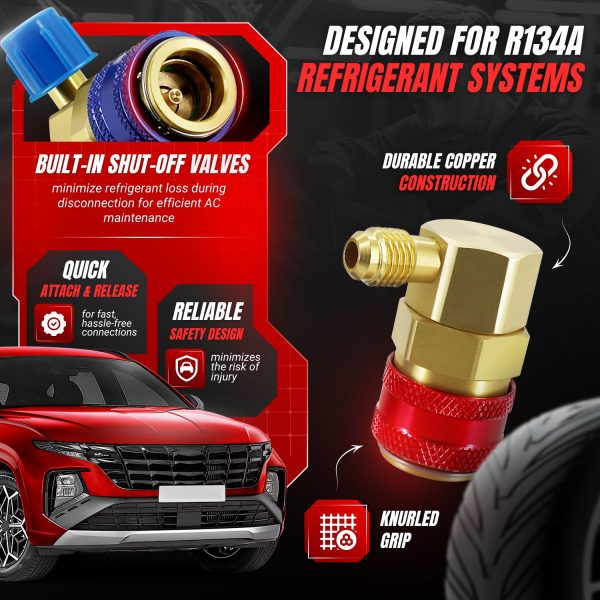 Flexzion R134A Adapter Quick Coupler Set - 90 Degree Angled Copper High/Low Side 134a Adapter Fittings, Leak-Resistant 1/4" SAE Flares, Hose Connectors for Car AC Evacuation & Recharging - Image 5