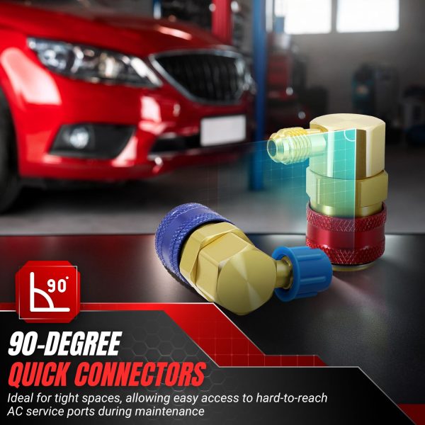 Flexzion R134A Adapter Quick Coupler Set - 90 Degree Angled Copper High/Low Side 134a Adapter Fittings, Leak-Resistant 1/4" SAE Flares, Hose Connectors for Car AC Evacuation & Recharging - Image 6