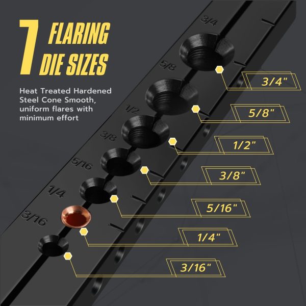 Flexzion Flaring Tools Set Tubing Pipe 8 Dies Sizes 3/16 - 3/4inch 45 Degree Angle Eccentric Cone Type Kit with Copper Brass Aluminum Mild Steel for Water Gas Refrigeration Brake Line Applications - Image 4