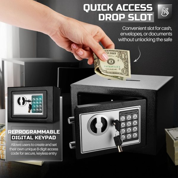 Flexzion Small Safe Box with Drop Slot - Electronic Drop Safe Box for Money with Digital Combination Keypad Lock - Cash Safe Box for Cabinets, Home & Office Security (9"x7"x7"), Black - Image 5