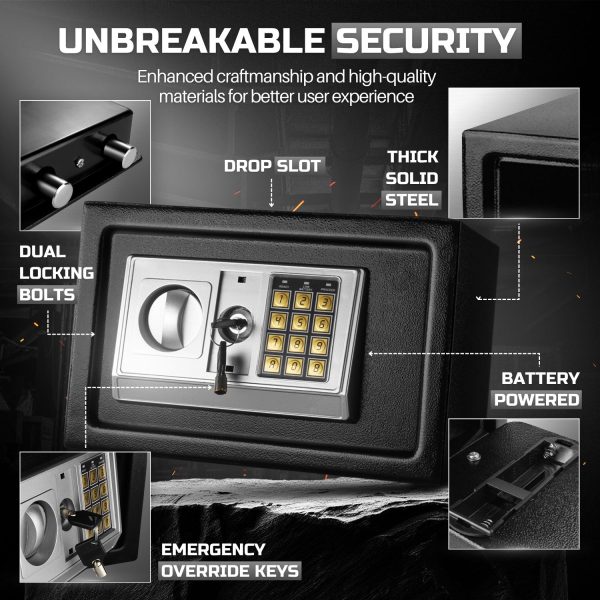 Flexzion Small Safe Box with Drop Slot - Electronic Drop Safe Box for Money with Digital Combination Keypad Lock - Cash Safe Box for Cabinets, Home & Office Security (12"x8"x8"), Black - Image 3