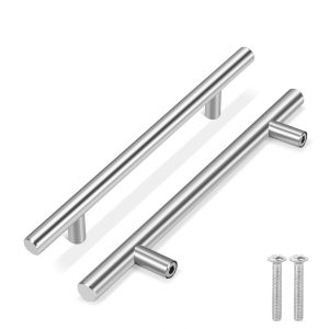 Flexzion 1 Pack Kitchen Cabinet Handles Silver Drawer Pulls 8 inch, 5 inch Hole Center, Stainless Steel T Bar with Satin Brushed Nickel, Hardware for Kitchen Cupboard Door Bathroom Furniture