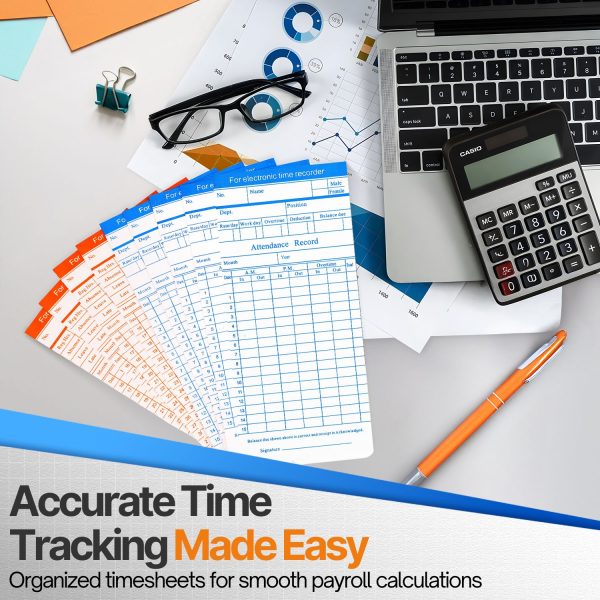 Flexzion Monthly Time Cards for Employees - Dual-Sided, Orange/Blue Attendance Tracker, 270-Piece Time Sheets Compatible with 6-Column Time Clock Recorders for Businesses - Image 2