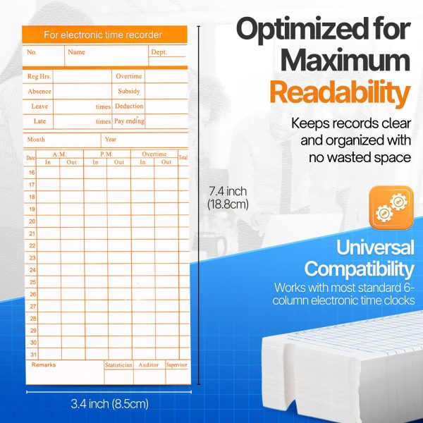 Flexzion Monthly Time Cards for Employees - Dual-Sided, Orange/Blue Attendance Tracker, 270-Piece Time Sheets Compatible with 6-Column Time Clock Recorders for Businesses - Image 5