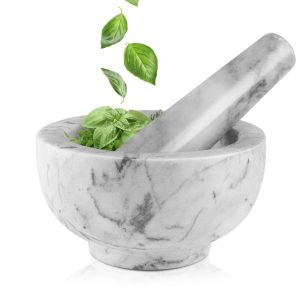 Flexzion Marble Mortar and Pestle Set Small 1-cup Capacity Guacamole Bowl, Spice Grinder Bowl, White Mortar Pestle Set Kitchen Tool for Herbs, Spices, Cooking, Medicine