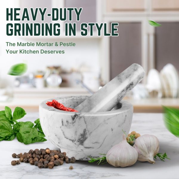 Flexzion Marble Mortar and Pestle Set Small 1-cup Capacity Guacamole Bowl, Spice Grinder Bowl, White Mortar Pestle Set Kitchen Tool for Herbs, Spices, Cooking, Medicine - Image 2