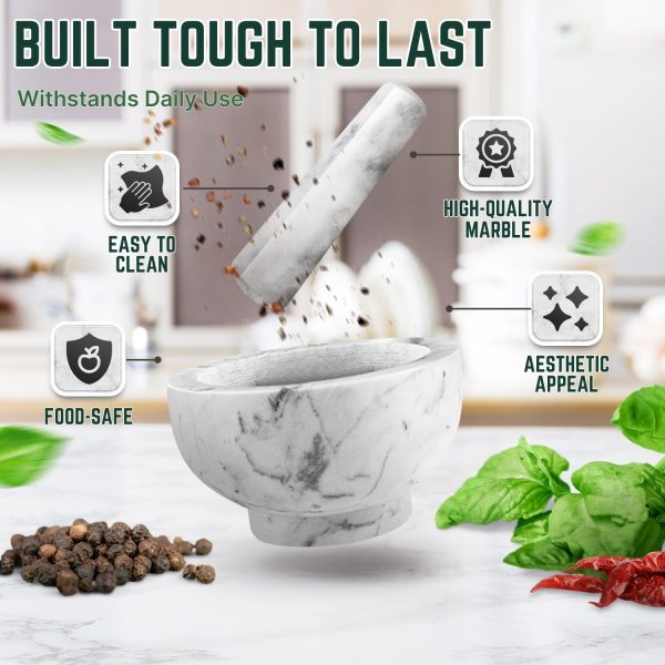 Flexzion Marble Mortar and Pestle Set Small 1-cup Capacity Guacamole Bowl, Spice Grinder Bowl, White Mortar Pestle Set Kitchen Tool for Herbs, Spices, Cooking, Medicine - Image 3