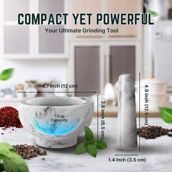 Flexzion Marble Mortar and Pestle Set Small 1-cup Capacity Guacamole Bowl, Spice Grinder Bowl, White Mortar Pestle Set Kitchen Tool for Herbs, Spices, Cooking, Medicine - Image 6