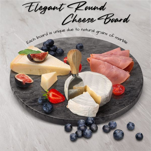 Flexzion Round Marble Cheese Board - 12 Inch Black Marble Serving Board for Charcuterie, Cheese, Cutting, Pastry, Trivet - Non-Stick and Heat Resistant Marble Board - Image 2