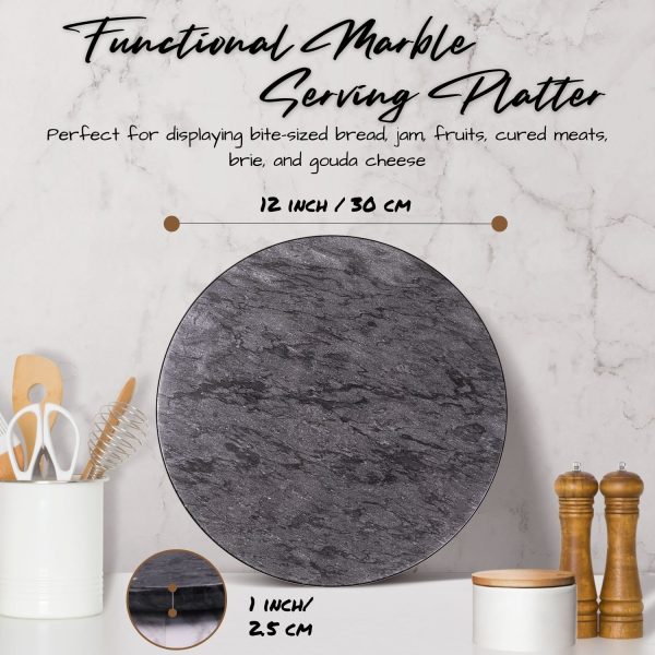 Flexzion Round Marble Cheese Board - 12 Inch Black Marble Serving Board for Charcuterie, Cheese, Cutting, Pastry, Trivet - Non-Stick and Heat Resistant Marble Board - Image 3