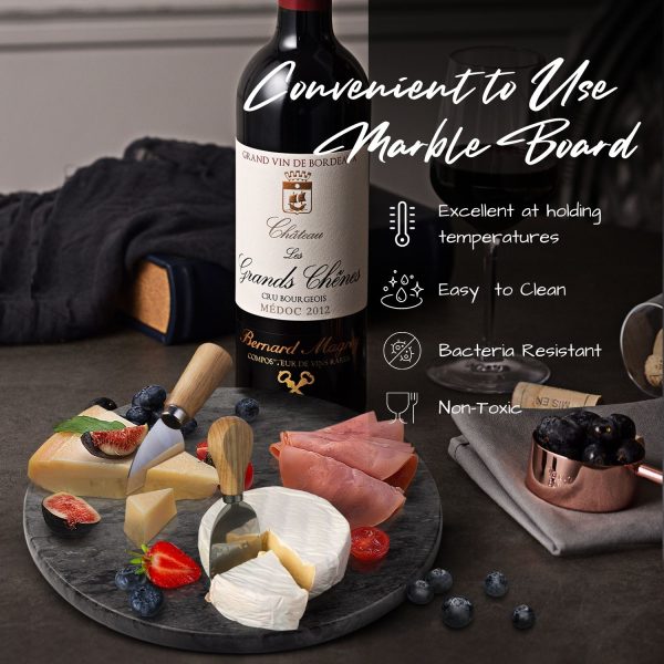 Flexzion Round Marble Cheese Board - 12 Inch Black Marble Serving Board for Charcuterie, Cheese, Cutting, Pastry, Trivet - Non-Stick and Heat Resistant Marble Board - Image 4