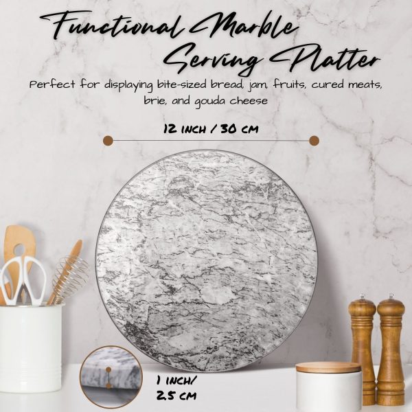 Flexzion Round Marble Cheese Board - 12 Inch Gray Marble Serving Board for Charcuterie, Cheese, Cutting, Pastry, Trivet - Non-Stick and Heat Resistant Marble Board - Image 3