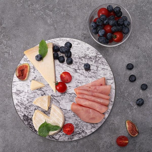 Flexzion Round Marble Cheese Board - 12 Inch Gray Marble Serving Board for Charcuterie, Cheese, Cutting, Pastry, Trivet - Non-Stick and Heat Resistant Marble Board - Image 9
