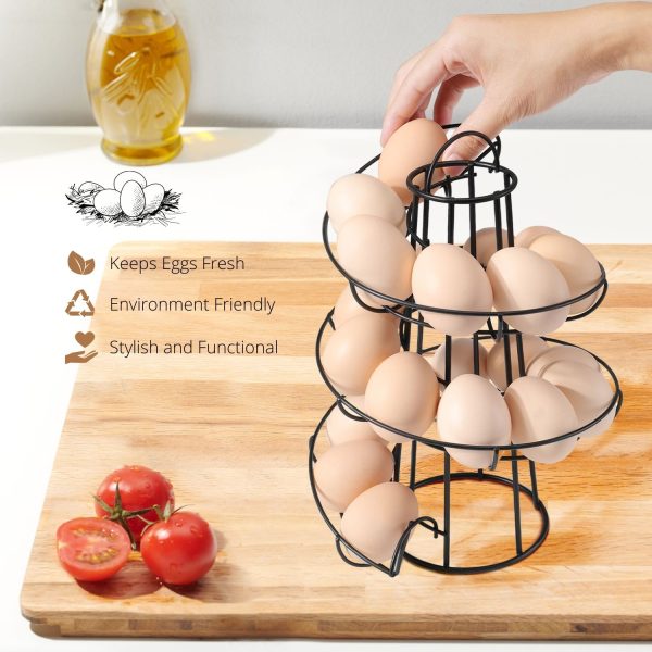 Flexzion Spiral Egg Rack for Fresh Eggs (Medium Egg Display) - Modern Egg Skelter Freestanding Wired Countertop Egg Holder for Fresh Eggs, Dispenser Stand, Storage Rack for Kitchen, Black - Image 2