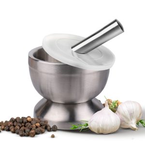 Flexzion Brushed Stainless Steel Mortar and Pestle Set Small - 4-Inch 1 Cup Capacity Muddler & Bowl with Non-Skid Base & Silicone Lid - Spice, Herbs, Guacamole, & Medicine Grinder & Crusher Set
