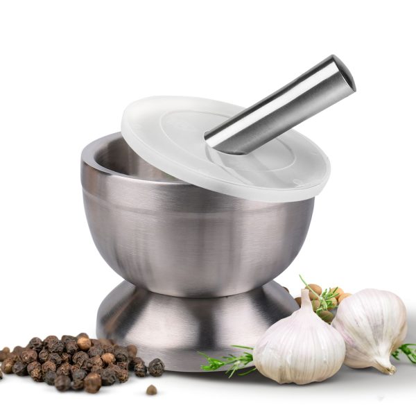 Flexzion Brushed Stainless Steel Mortar and Pestle Set Small - 4-Inch 1 Cup Capacity Muddler & Bowl with Non-Skid Base & Silicone Lid - Spice, Herbs, Guacamole, & Medicine Grinder & Crusher Set