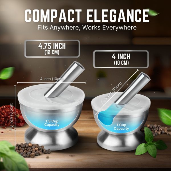Flexzion Brushed Stainless Steel Mortar and Pestle Set Small - 4-Inch 1 Cup Capacity Muddler & Bowl with Non-Skid Base & Silicone Lid - Spice, Herbs, Guacamole, & Medicine Grinder & Crusher Set - Image 6