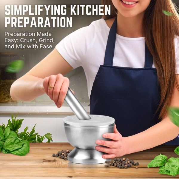 Flexzion Brushed Stainless Steel Mortar and Pestle Set Small - 4-Inch 1 Cup Capacity Muddler & Bowl with Non-Skid Base & Silicone Lid - Spice, Herbs, Guacamole, & Medicine Grinder & Crusher Set - Image 8