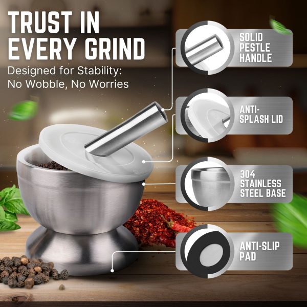 Flexzion Brushed Stainless Steel Mortar and Pestle Set Small - 4-Inch 1 Cup Capacity Muddler & Bowl with Non-Skid Base & Silicone Lid - Spice, Herbs, Guacamole, & Medicine Grinder & Crusher Set - Image 9