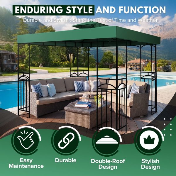 Flexzion Gazebo Cover Replacement Canopy Top 10x10 Ft (3m x 3m) - Double Tier Top Canopy Cover Replacement with UV30+, Dirt, Water Resistant for Outdoor, Sunshade, Garden, Patio, Pavilion (Green) - Image 3