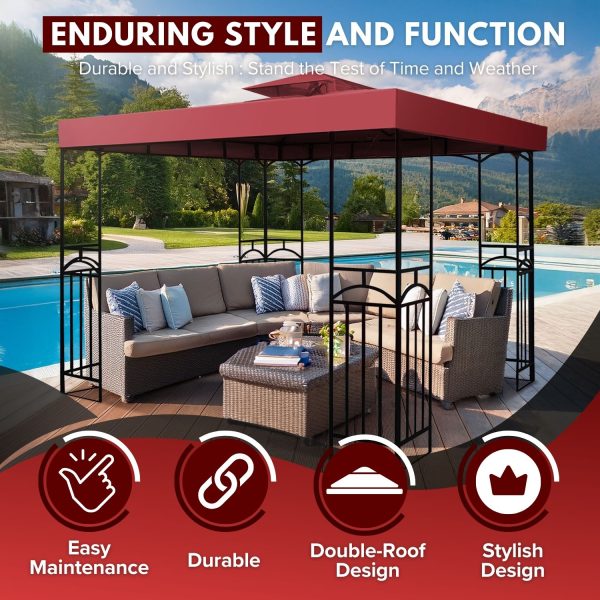 Flexzion Gazebo Cover Replacement Canopy Top 8x8 Ft (2.4m x 2.4m) - Double Tier Top Canopy Cover Replacement with UV30+, Dirt, Water Resistant for Outdoor, Sunshade, Garden, Patio, Pavilion (Red) - Image 3