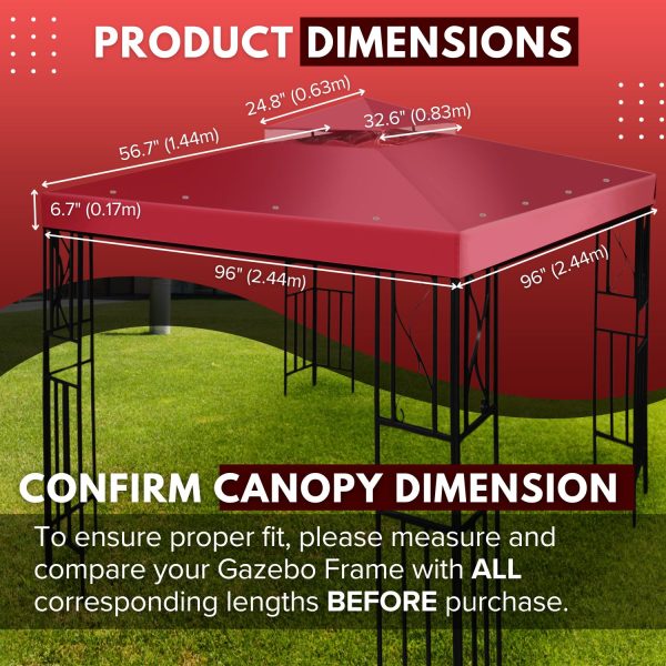 Flexzion Gazebo Cover Replacement Canopy Top 8x8 Ft (2.4m x 2.4m) - Double Tier Top Canopy Cover Replacement with UV30+, Dirt, Water Resistant for Outdoor, Sunshade, Garden, Patio, Pavilion (Red) - Image 6