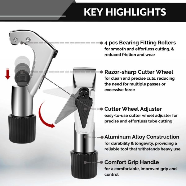 Flexzion Tube Cutter, Heavy Duty Tubing Pipe Cutter, 1/8 to 1-1/8 inch Cutting Diameter w/ Reamer, Ideal for Cutting Copper, Aluminum, Brass, Steel, Plastic and More - Image 4