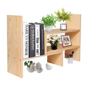 Flexzion Wooden Desk Organizer Shelf - Natural Wood Desktop Bookshelf Caddy Office Storage Adjustable Expandable Tabletop Accessory Sorter Bookcase Display Stand Rack (Beige)