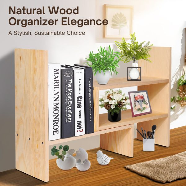 Flexzion Wooden Desk Organizer Shelf - Natural Wood Desktop Bookshelf Caddy Office Storage Adjustable Expandable Tabletop Accessory Sorter Bookcase Display Stand Rack (Beige) - Image 2