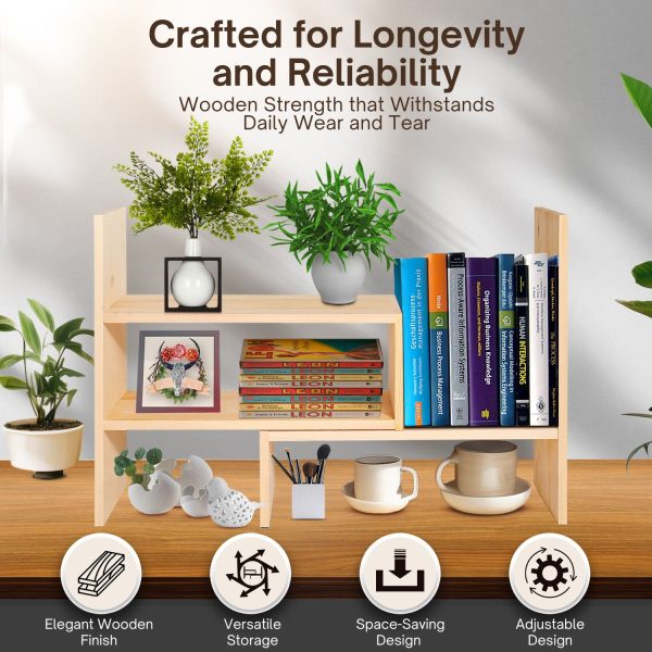 Flexzion Wooden Desk Organizer Shelf - Natural Wood Desktop Bookshelf Caddy Office Storage Adjustable Expandable Tabletop Accessory Sorter Bookcase Display Stand Rack (Beige) - Image 3