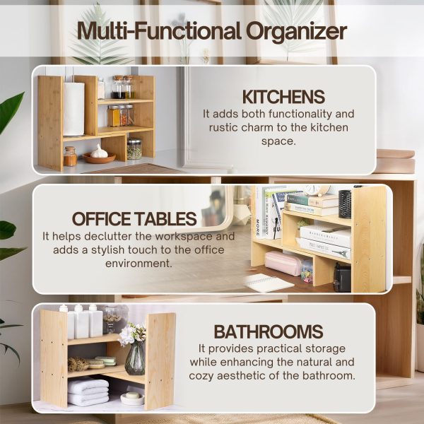 Flexzion Wooden Desk Organizer Shelf - Natural Wood Desktop Bookshelf Caddy Office Storage Adjustable Expandable Tabletop Accessory Sorter Bookcase Display Stand Rack (Beige) - Image 4