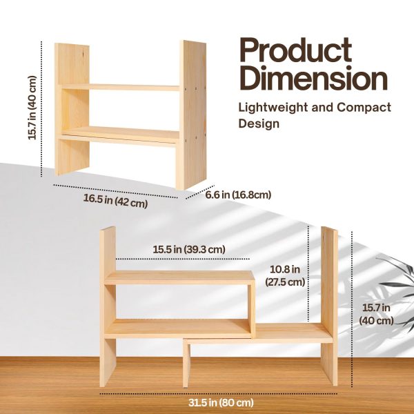 Flexzion Wooden Desk Organizer Shelf - Natural Wood Desktop Bookshelf Caddy Office Storage Adjustable Expandable Tabletop Accessory Sorter Bookcase Display Stand Rack (Beige) - Image 5