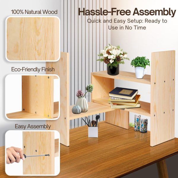 Flexzion Wooden Desk Organizer Shelf - Natural Wood Desktop Bookshelf Caddy Office Storage Adjustable Expandable Tabletop Accessory Sorter Bookcase Display Stand Rack (Beige) - Image 6