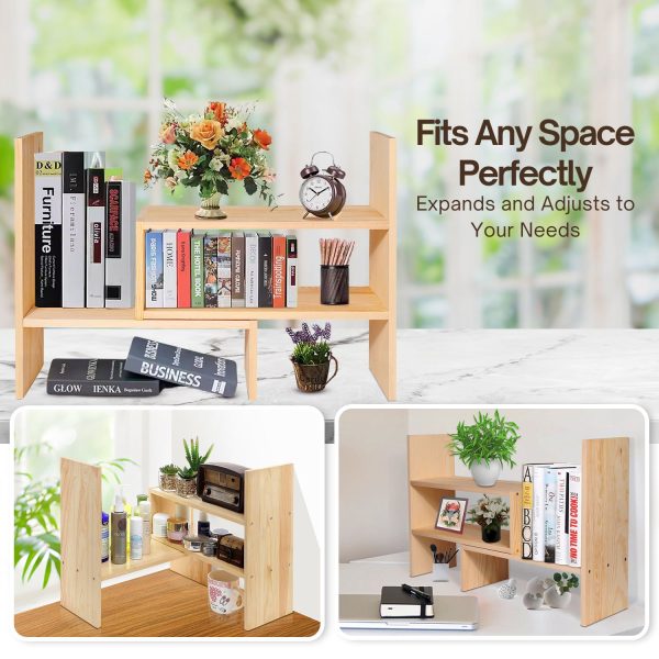 Flexzion Wooden Desk Organizer Shelf - Natural Wood Desktop Bookshelf Caddy Office Storage Adjustable Expandable Tabletop Accessory Sorter Bookcase Display Stand Rack (Beige) - Image 7