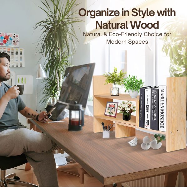 Flexzion Wooden Desk Organizer Shelf - Natural Wood Desktop Bookshelf Caddy Office Storage Adjustable Expandable Tabletop Accessory Sorter Bookcase Display Stand Rack (Beige) - Image 8
