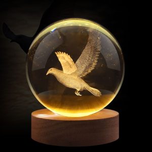 Flexzion 3D Bird Crystal Ball Night Light - LED Light Hologram Glass Lamp w/ Solid Wood Base, USB Powered Crystal Ball Lamp w/ Adjustable Brightness for Home Decor Display Gift, 3.15 inch (80mm)